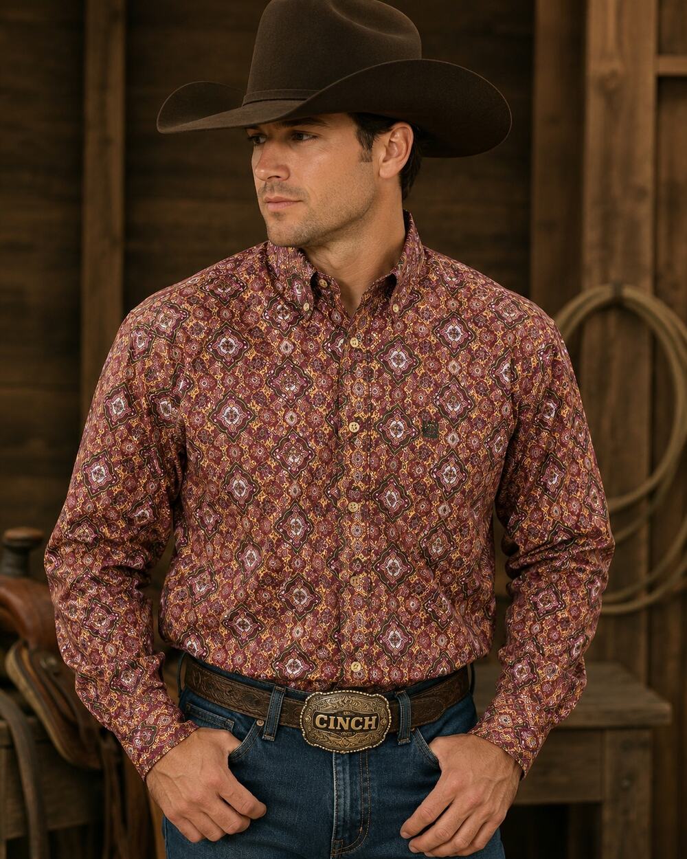 Cinch Western Button Down Shirt Men's M Burgundy Gold Geometric Print Cotton